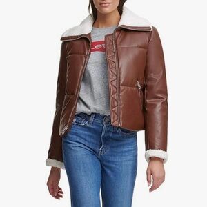 Levi's Women's Breanna Faux Leather Puffer Jacket with Sherpa Lined Collar XS
